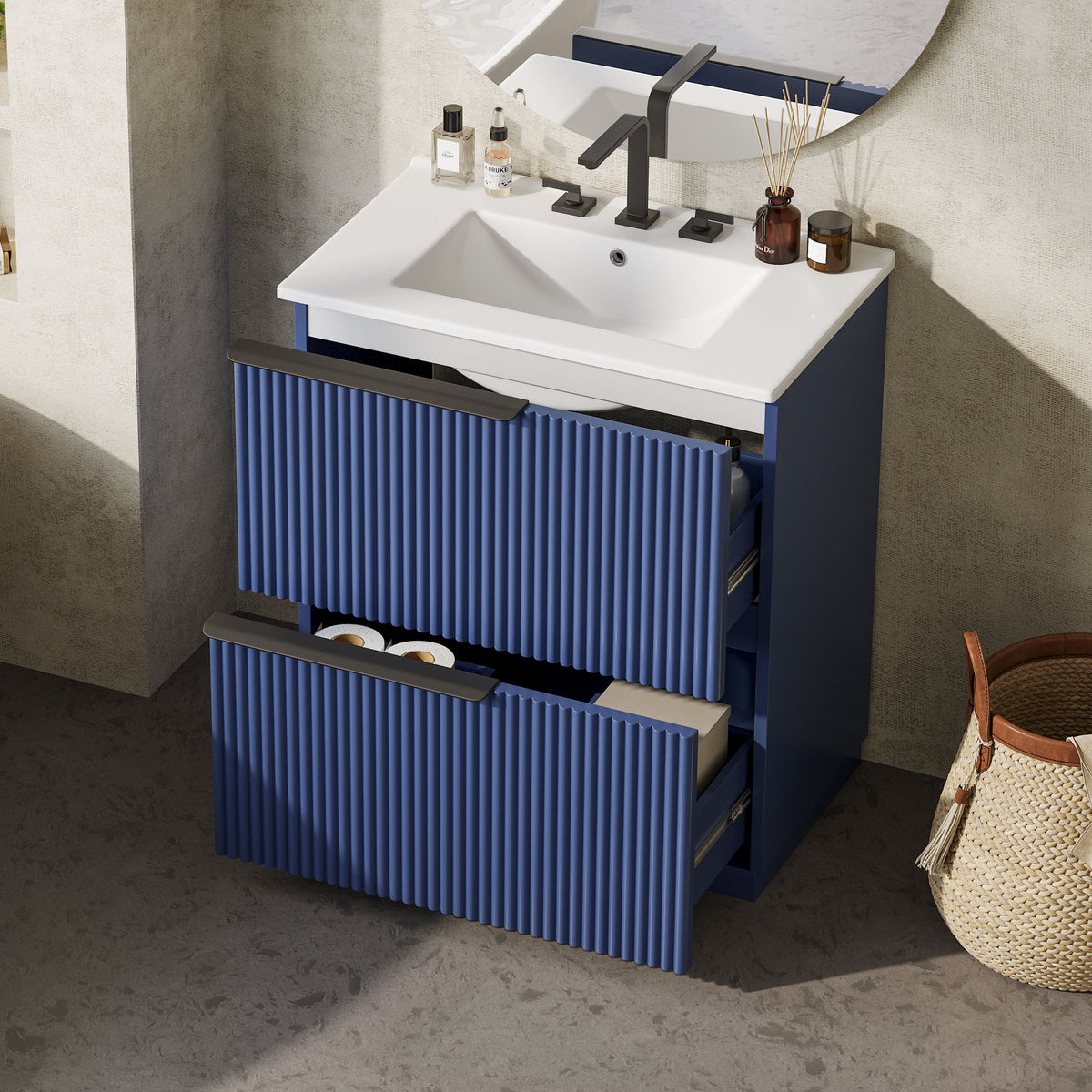 Blue fluted freestanding vanity with ceramic sink and two pull-out storage drawers