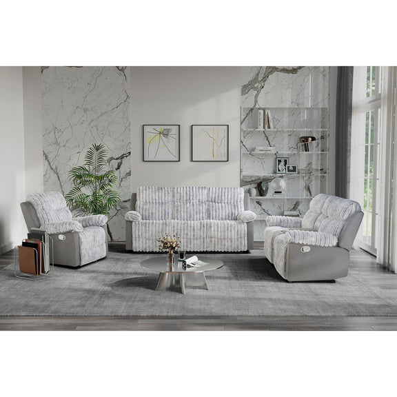 Gray corduroy manual recline sofa with reclined seating and padded armrests