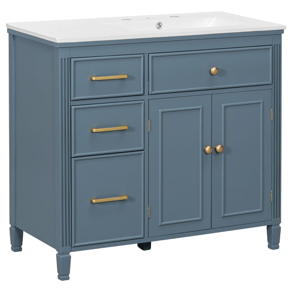 Blue bathroom vanity with sink, 3 drawers, cabinet doors, gold bar handles