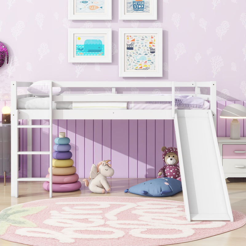 Twin Low Loft Bed with Slide, Ladder, Safety Guardrails, Rubber Wood Twin Loft Bed, White