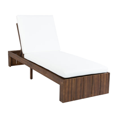 Adjustable outdoor chaise lounge with white removable cushion and dark brown wood frame