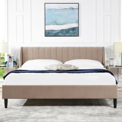 Light brown upholstered platform bed with vertical tufted headboard and fabric frame