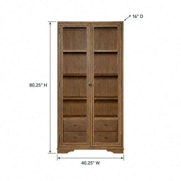 Tall cabinet with glass doors and three drawers; 80.25 in H, 40.25 in W.