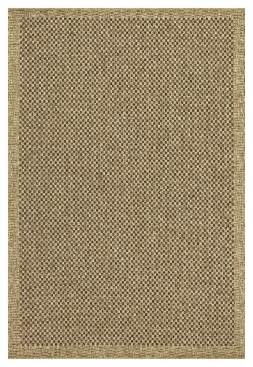 Rectangular flat woven area rug with subtle mocha-brown and beige checkered pattern