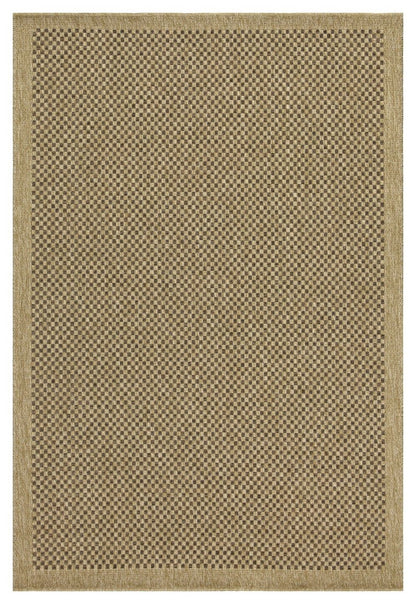 Light brown polypropylene rug with tight checkered pattern and thin border