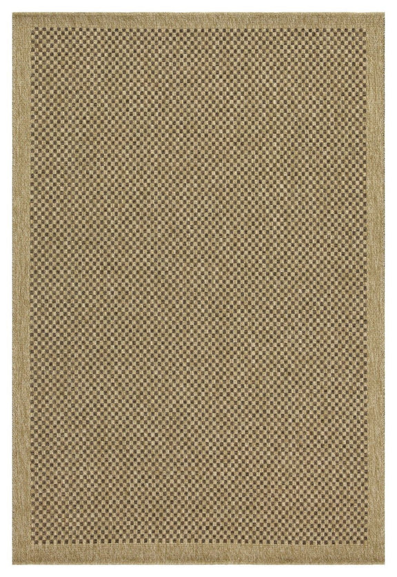 Light brown polypropylene rug with tight checkered pattern and thin border