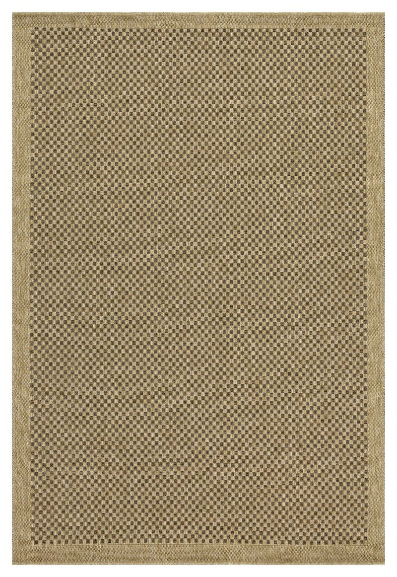 Light brown polypropylene rug with tight checkered pattern and thin border