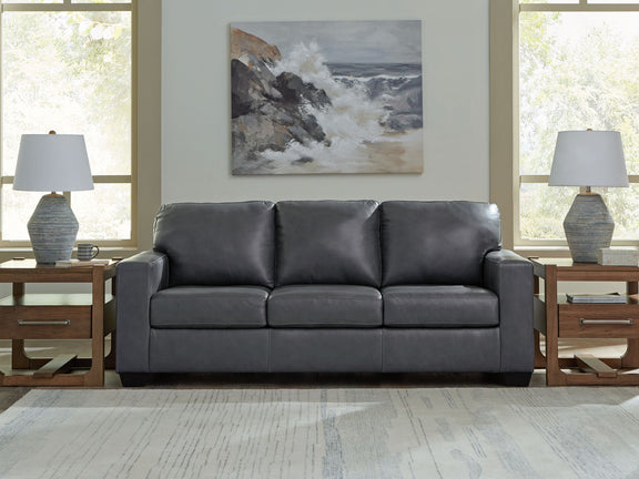 Dark gray 3-seat sofa with plush cushions and boxy padded arms