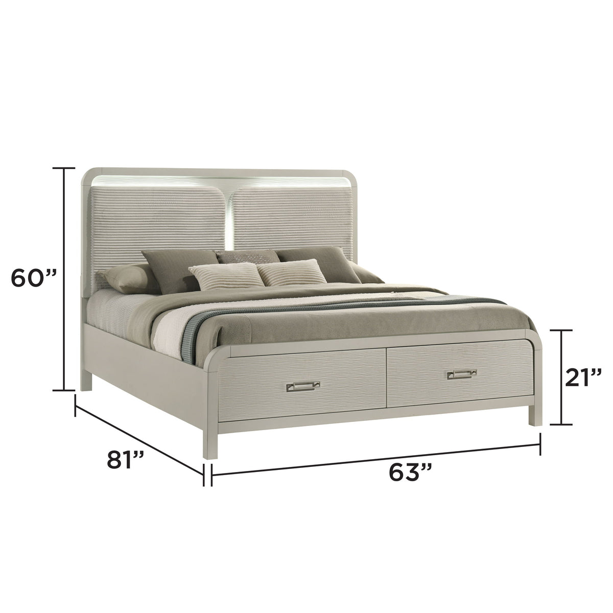 Beige upholstered platform bed with slatted headboard and two drawer storage front