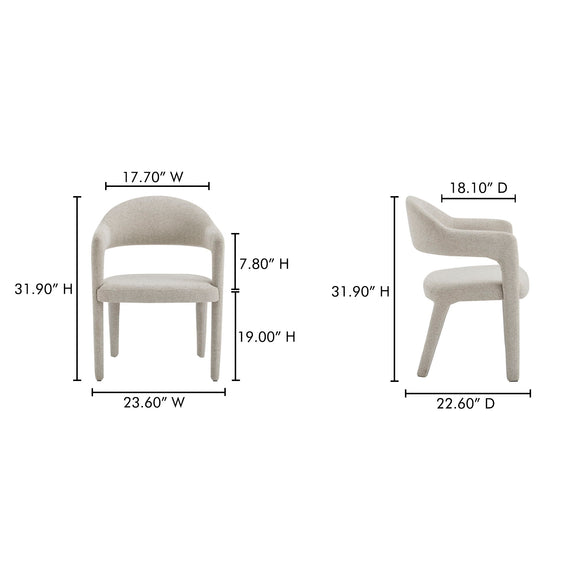 Beige upholstered dining chair with front and side dimensions labeled