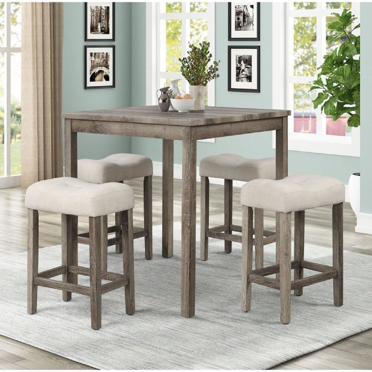 Set of 2 counter height dining stools, beige padded seats with footrest and wood legs