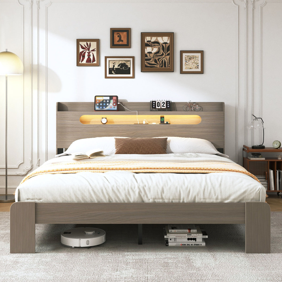 King Size Platform Bed Frame With Storage LED Light Headboard And Usb, Noise Free - Dark Gray