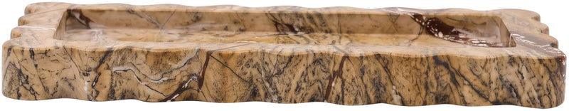 Brown marble tray with raised rim and veined surface, rectangular live-edge style