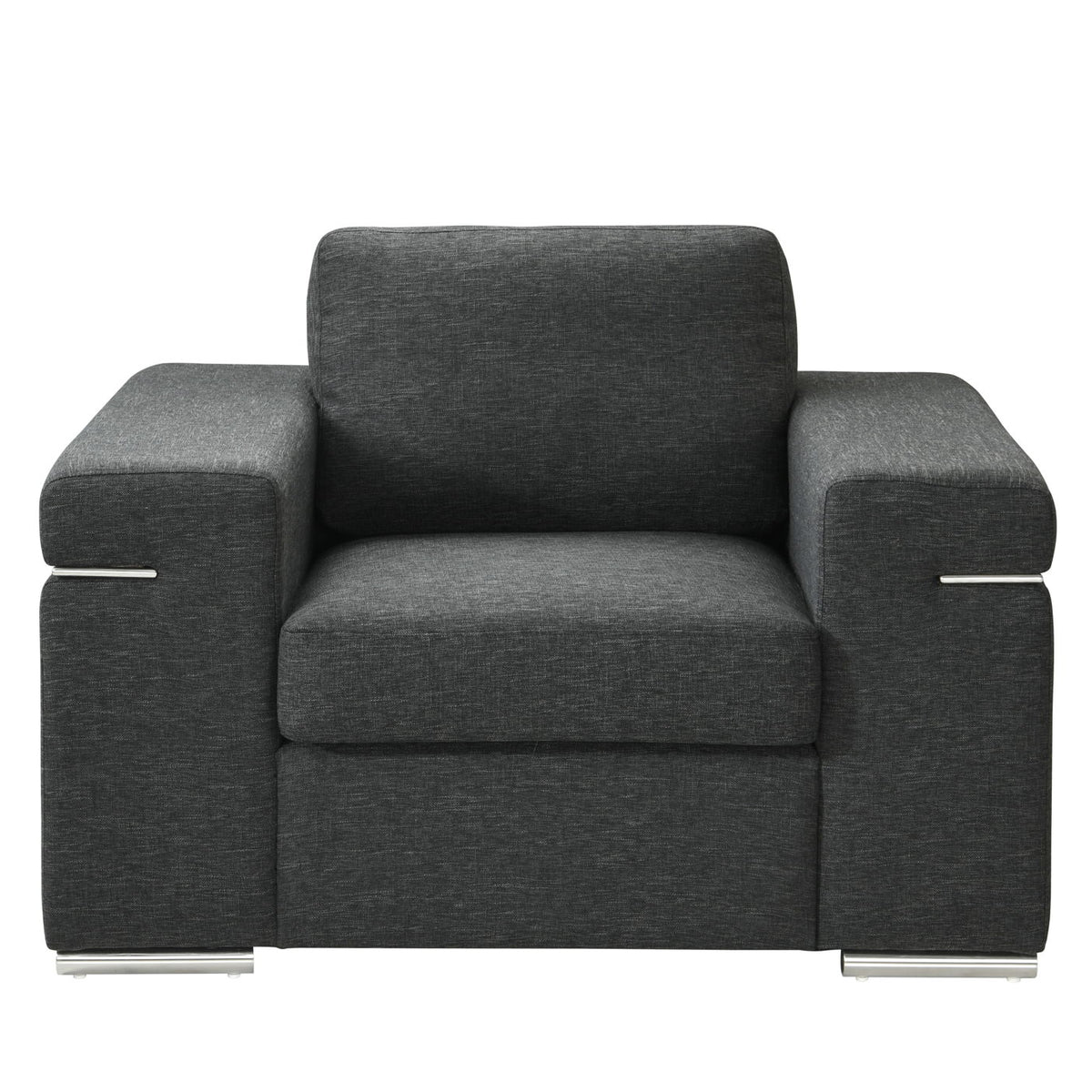 Charcoal fabric arm chair with cushioned arms, padded seat, and tall back