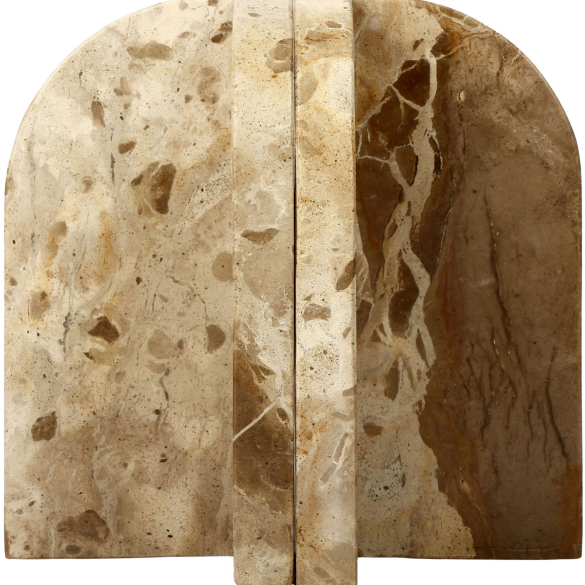 Beige marble bookends with mottled stone texture and arched backs, close-up