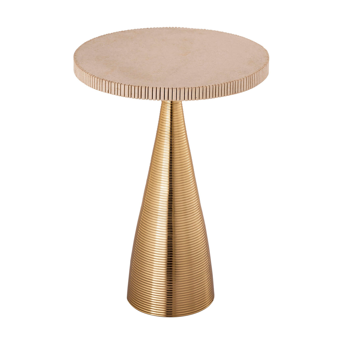 Beige round side table with ribbed gold pedestal base