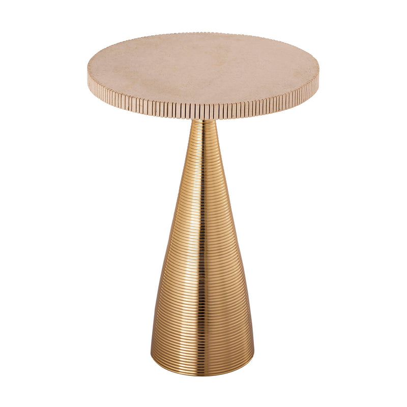 Beige round side table with ribbed gold pedestal base