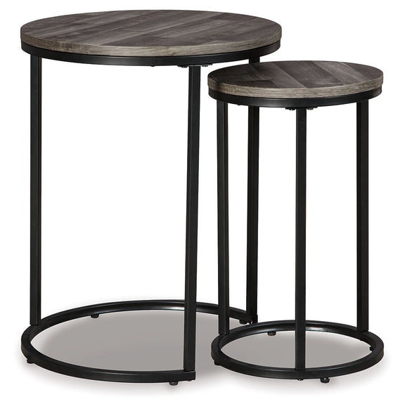 Round accent table set (2) with dark metal frames and gray wood tops
