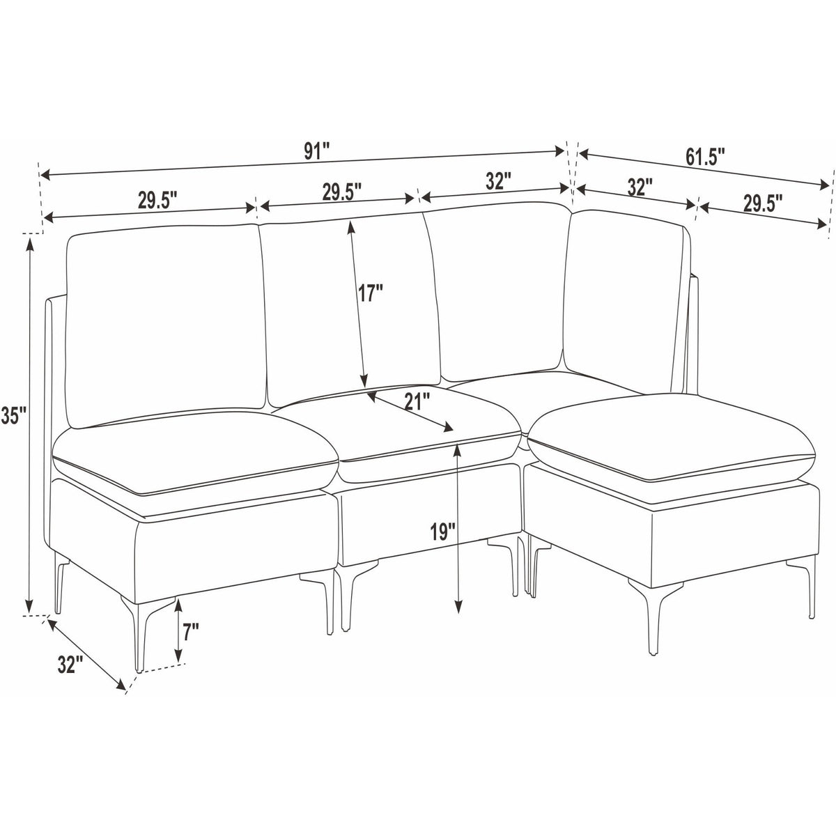 Upholstered modular sectional diagram with 35 in height and 61.5 in length