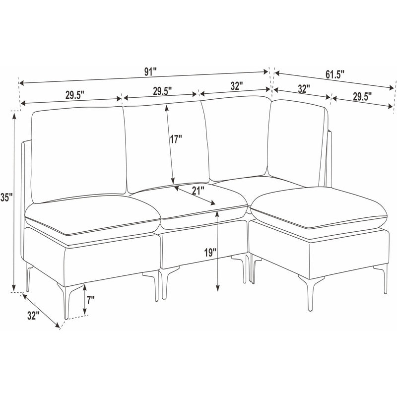 Upholstered modular sectional diagram with 35 in height and 61.5 in length