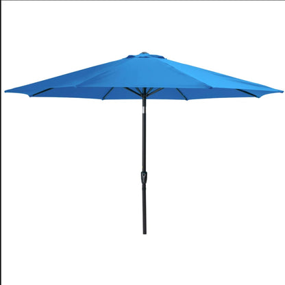 Light blue patio umbrella, open canopy with crank-lift center pole