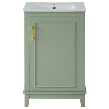 Green bathroom vanity cabinet with ceramic basin and one soft-close door.