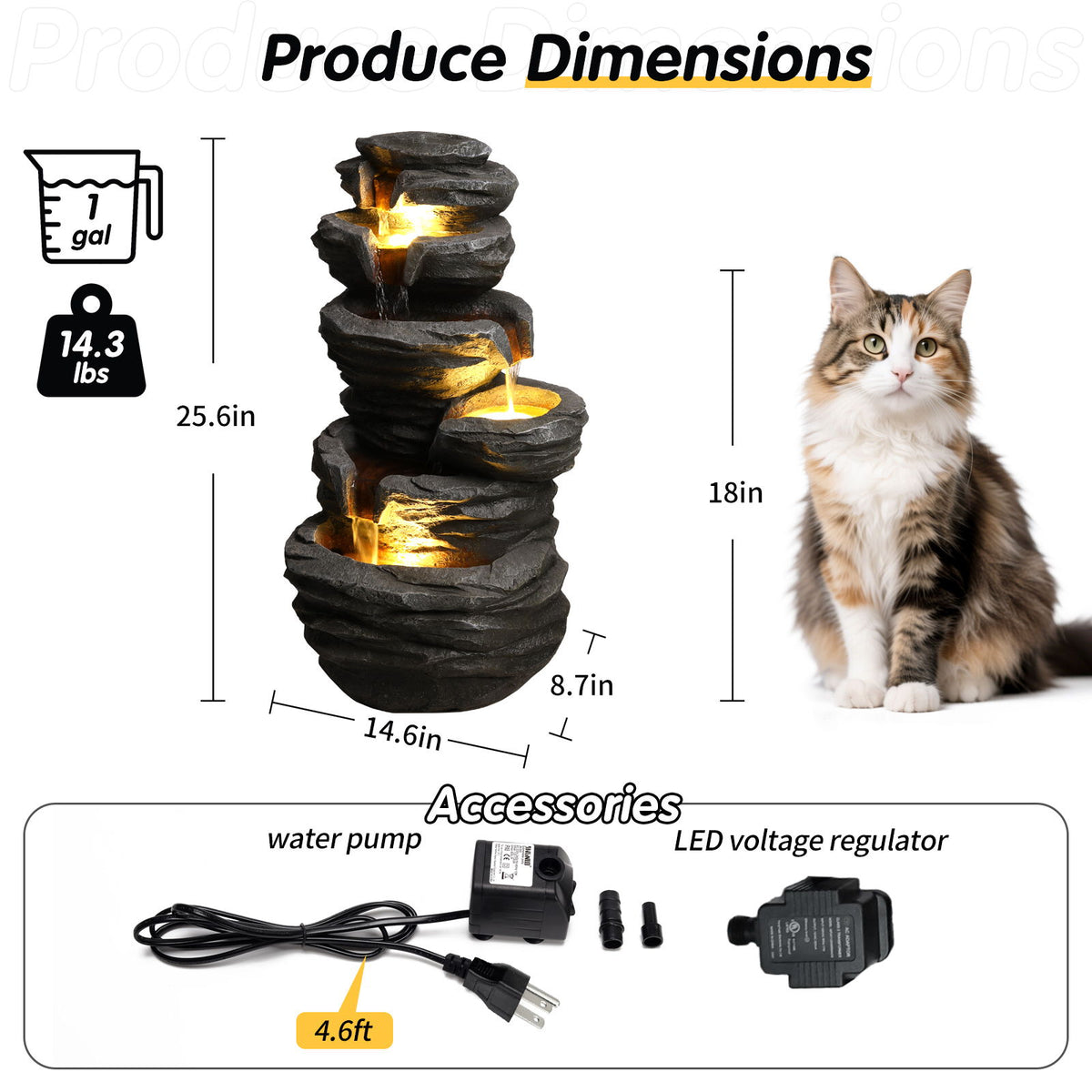 Tiered gray waterfall fountain with LED lights, shown with water pump and voltage regulator