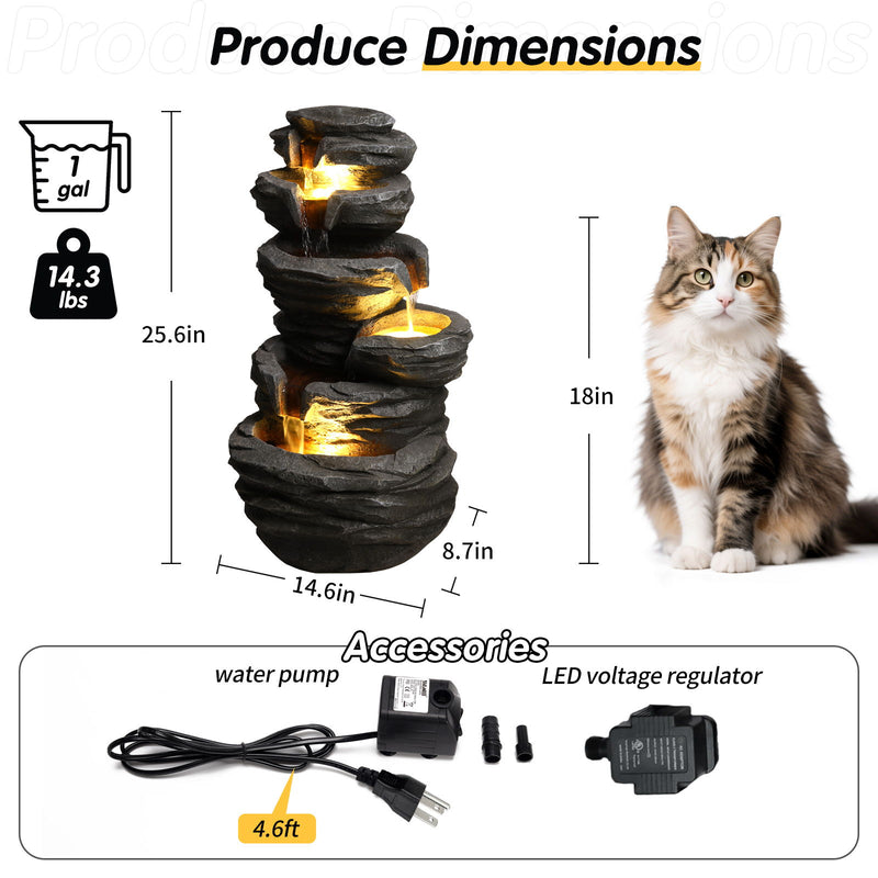 Tiered gray waterfall fountain with LED lights, shown with water pump and voltage regulator