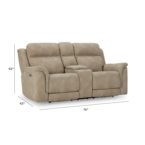 Beige reclining power loveseat with center console and padded armrests
