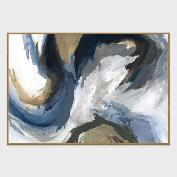 Framed abstract painting with sweeping blue and white swirls and gray highlights