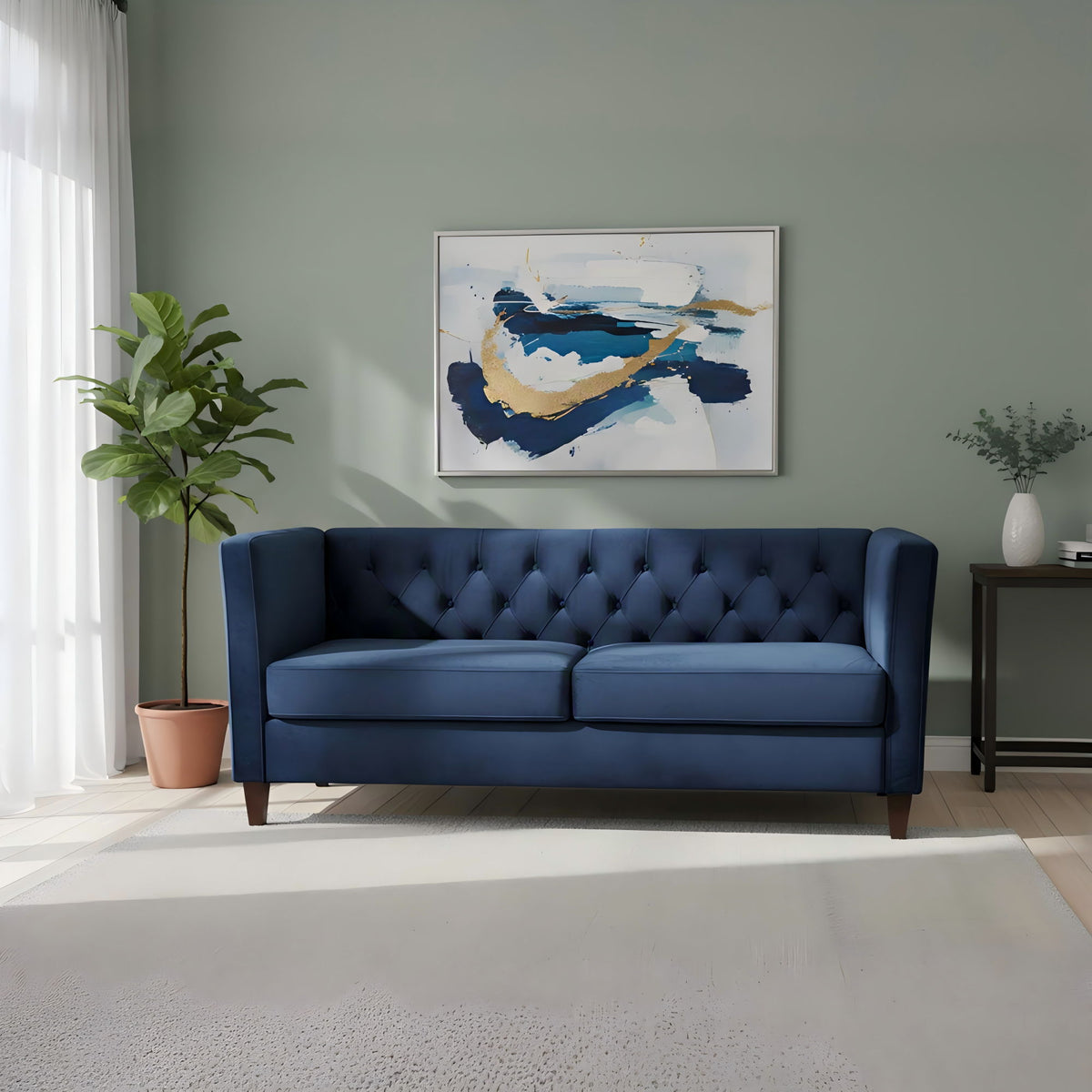 Blue button-tufted 3-seat sofa with tufted backrest and two padded seat sections