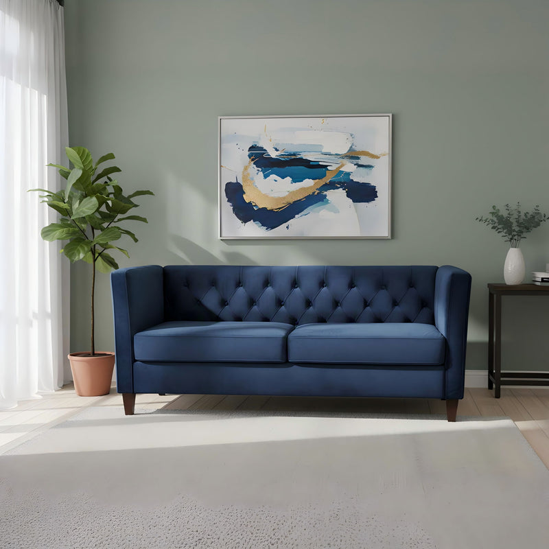 Blue button-tufted 3-seat sofa with tufted backrest and two padded seat sections