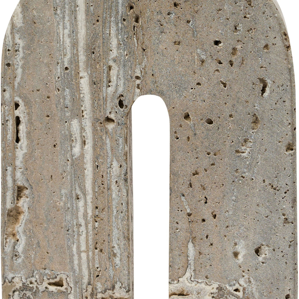 Gray travertine bookend with tall vertical slot, visible veining and pitted texture
