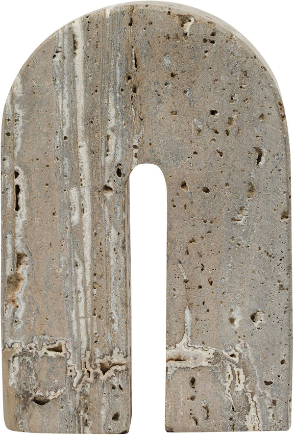Gray travertine bookend with tall vertical slot, visible veining and pitted texture
