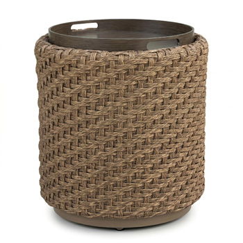 Round end table with a dark circular top and a woven beige body
