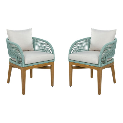 Outdoor dining chair set of 2 with light brown frame, teal woven arms, white cushions