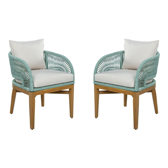 Outdoor dining chair set of 2 with light brown frame, teal woven arms, white cushions