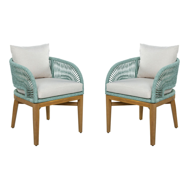 Outdoor dining chair set of 2 with light brown frame, teal woven arms, white cushions