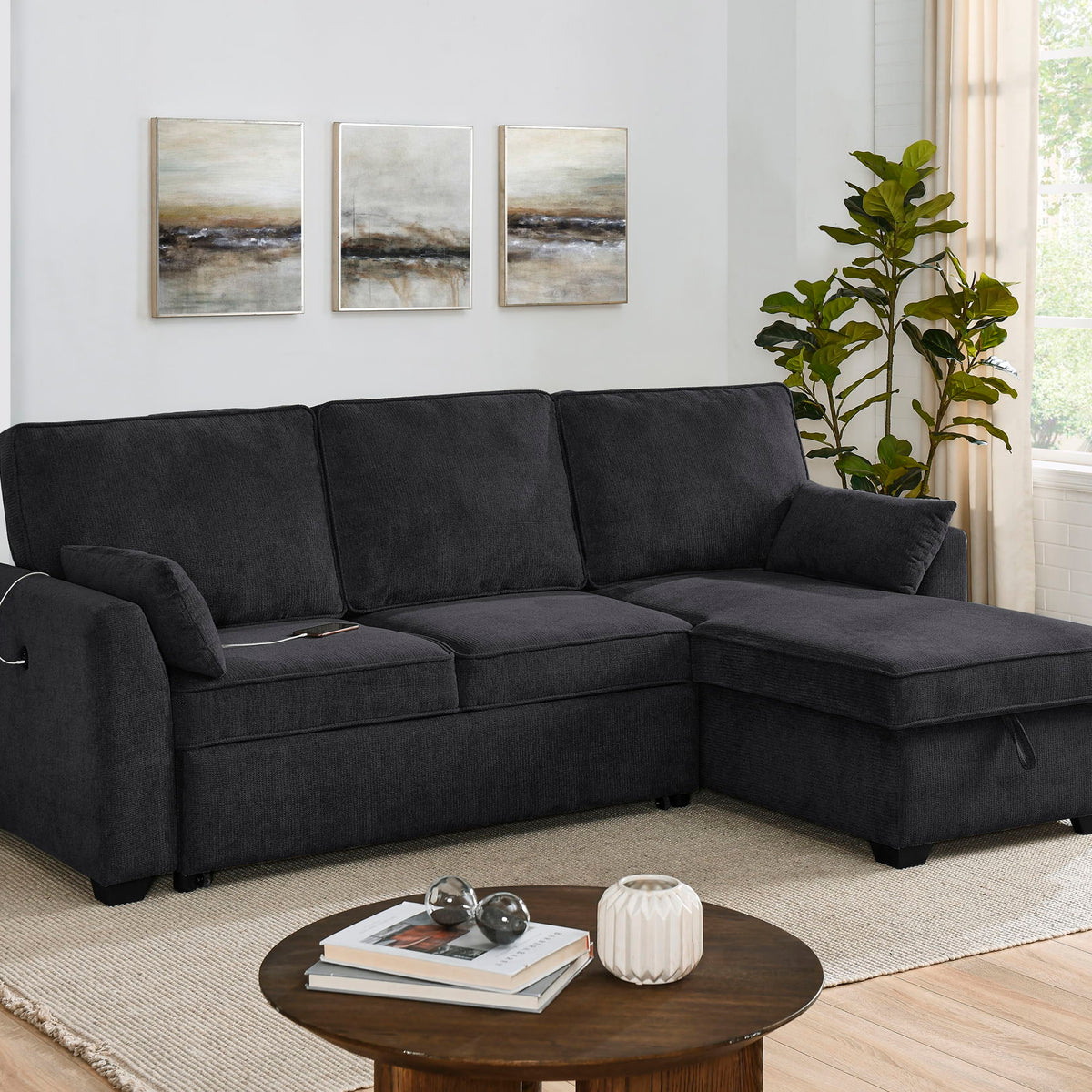 Ember - 92"W Fabric Sleeper Sectional with Reversible Storage Chaise