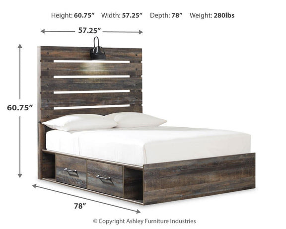 Drystan panel bed with dark wood slat headboard and two front drawers; white mattress and pillows.