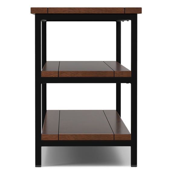 Wood media stand in dark cognac brown with black frame and three tier open compartments