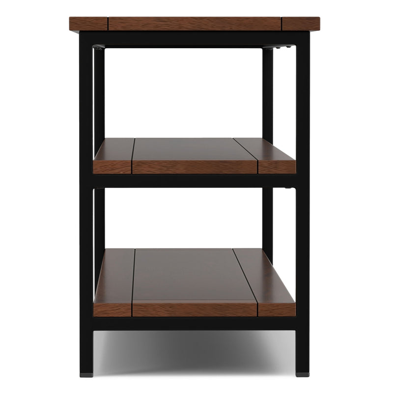 Wood media stand in dark cognac brown with black frame and three tier open compartments