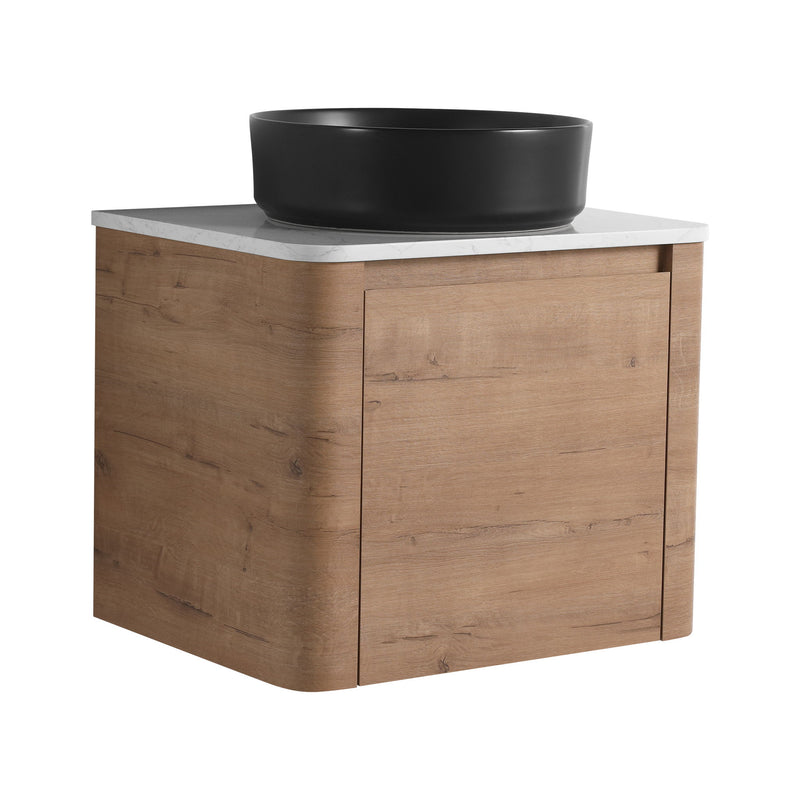 Bathroom vanity with black round vessel sink and 2-door cabinet, wood finish