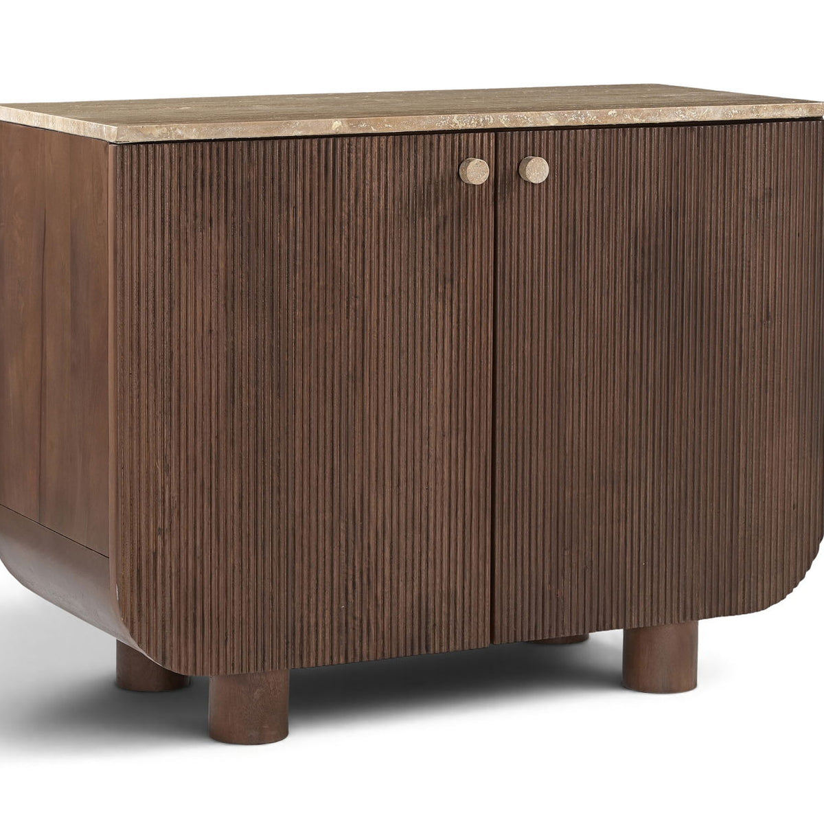 Dark brown mango wood sideboard with 2 doors, vertical ribbed front, and round knobs