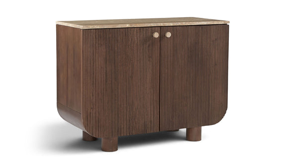 Dark brown mango wood sideboard with 2 doors, vertical ribbed front, and round knobs