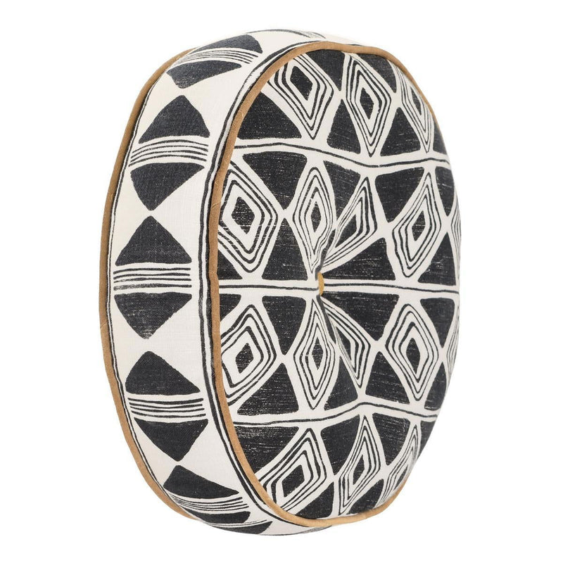 18-inch round pillow edge view showing double-sided black-and-white geometric pattern, tan trim
