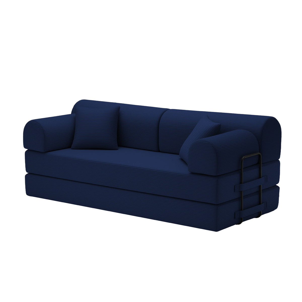 Blue convertible sleeper sofa bed with padded armrests and curved backrest.