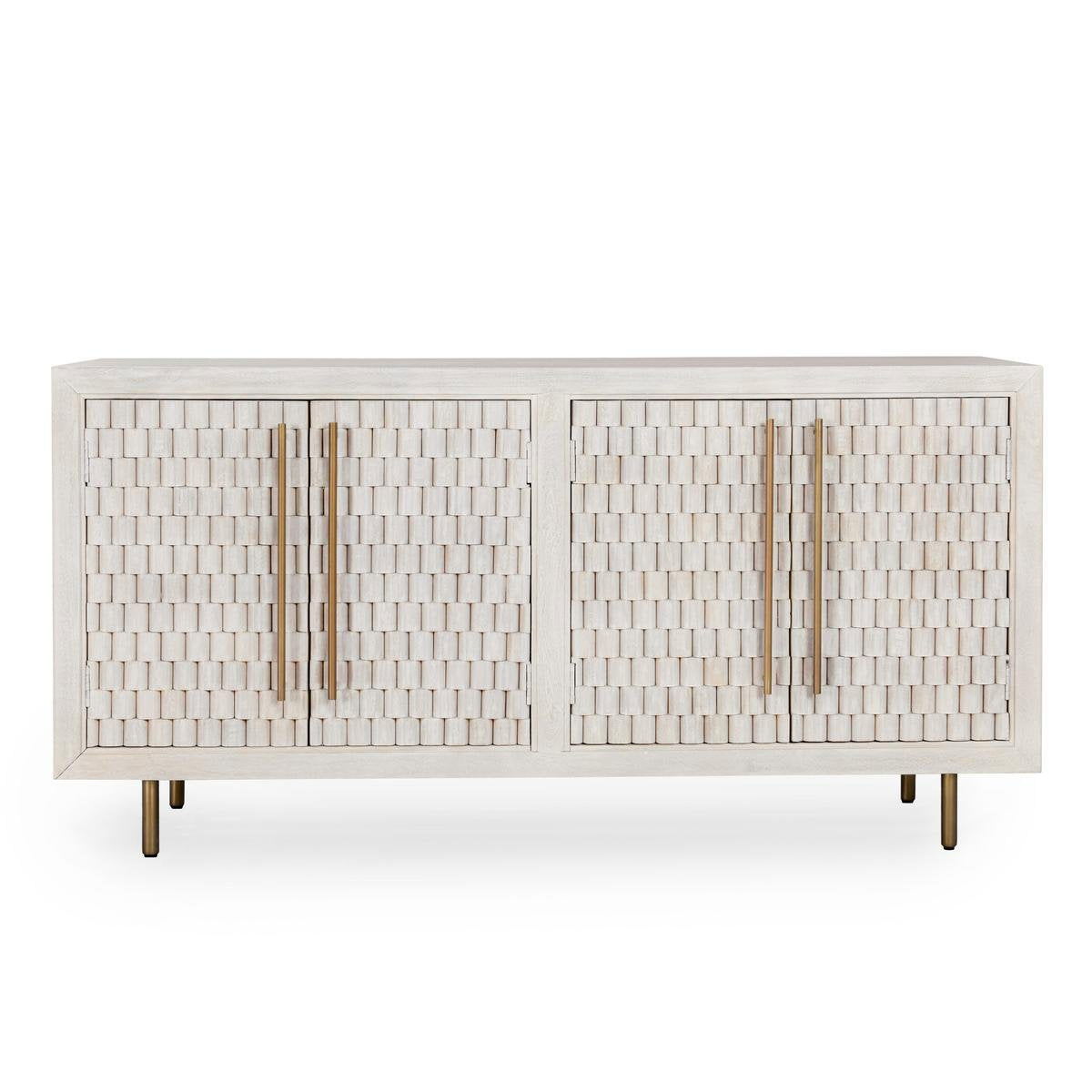 White cabinet with four-door grid panels and vertical metal hinge hardware