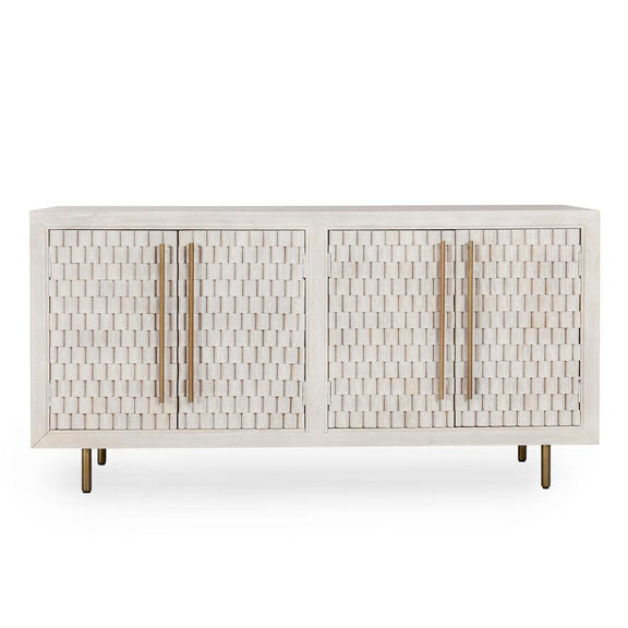 White cabinet with four-door grid panels and vertical metal hinge hardware