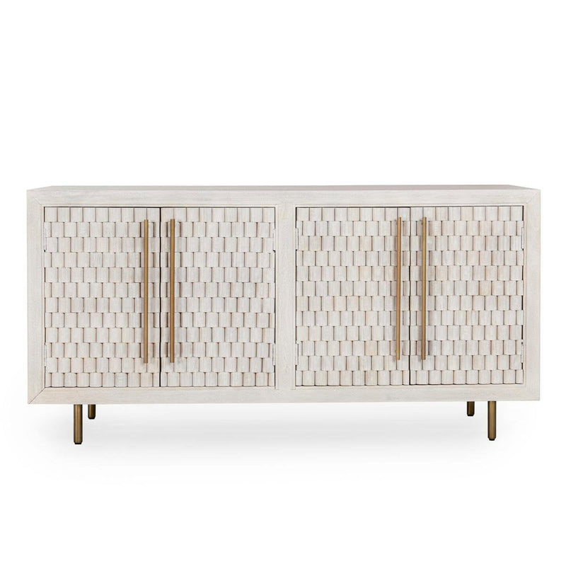 White cabinet with four-door grid panels and vertical metal hinge hardware